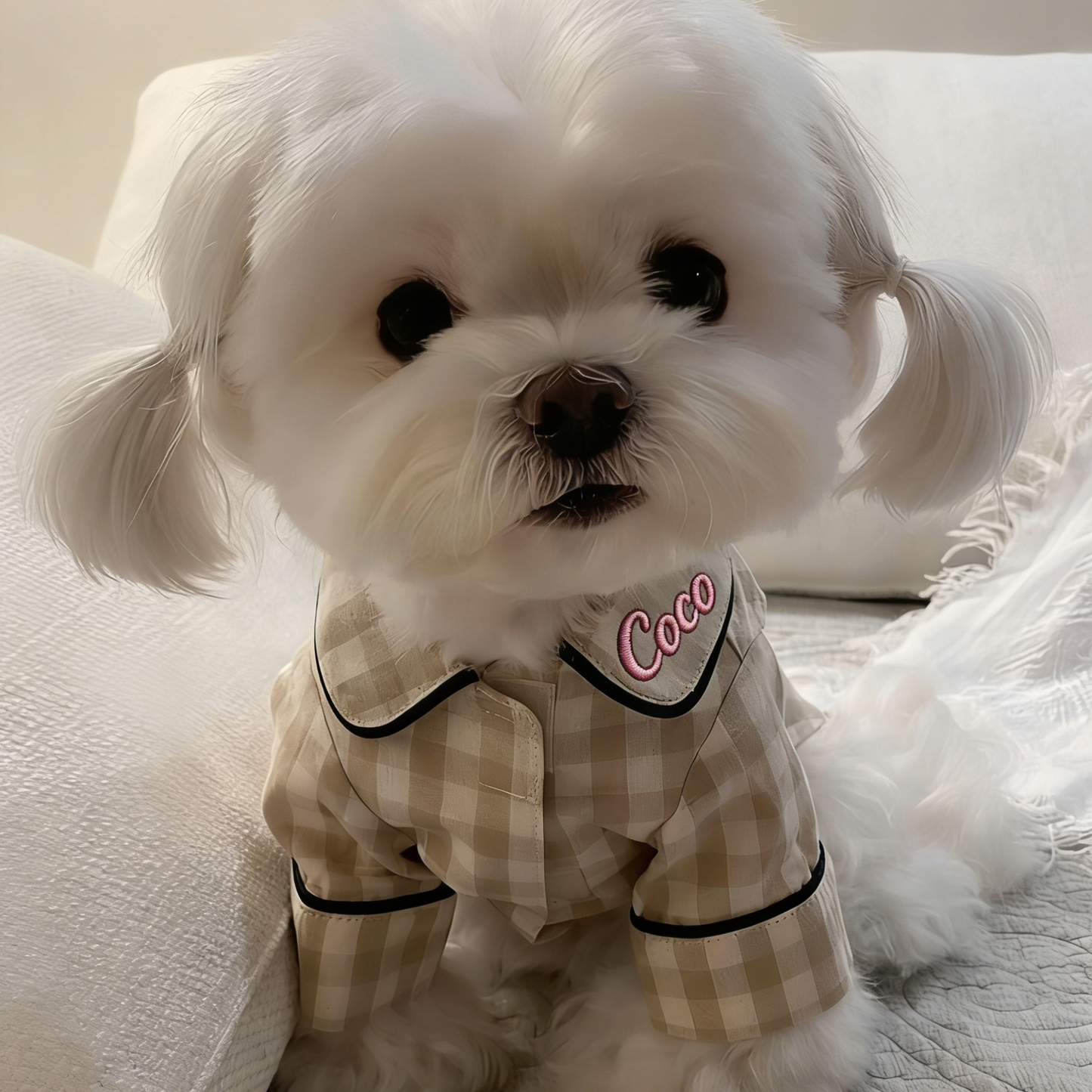 Personalized Embroidered Name Cotton-Linen Plaid Dog Pajamas | inCloth70