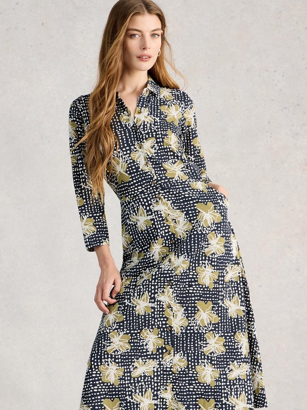 Rua Jersey Collared Shirt Dress Midi