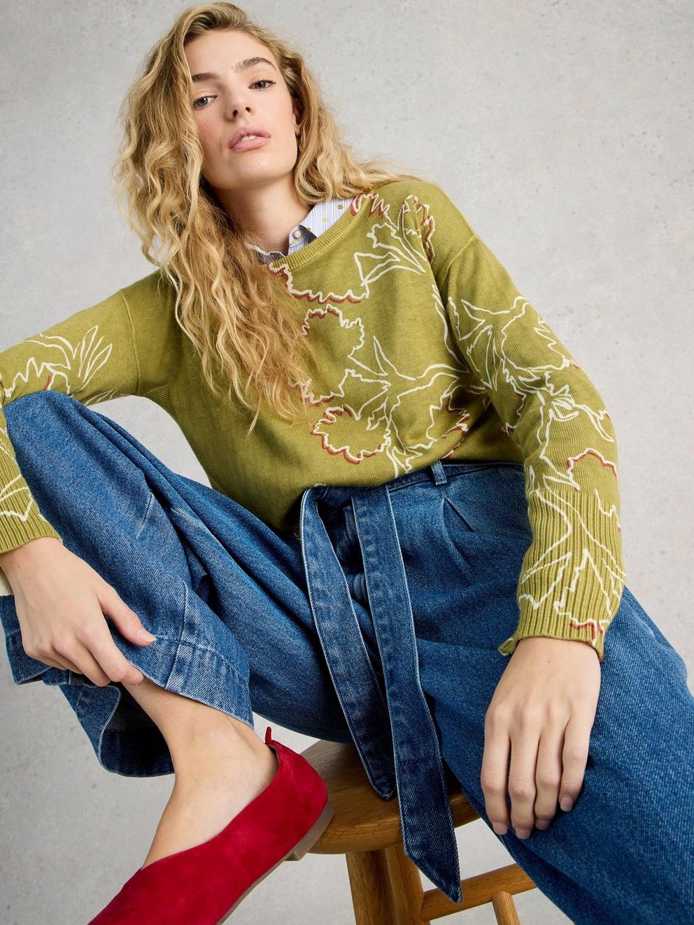 Olive Print Crew Neck Jumper